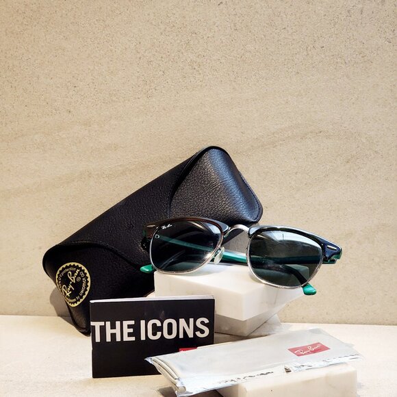 Genuine Ray-Ban RB3106 Clubmaster w/ Black Frame over Silver w/ Green Temples - Picture 1 of 7
